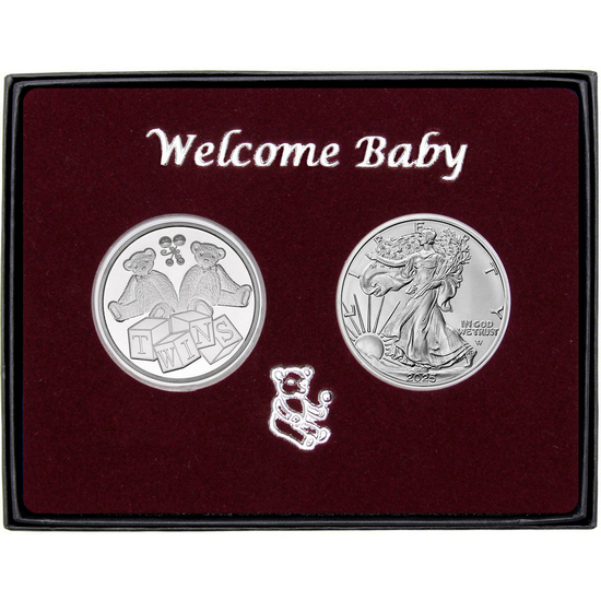 Welcome Baby Twins Silver Medallion and Silver American Eagle 2pc Gift Set