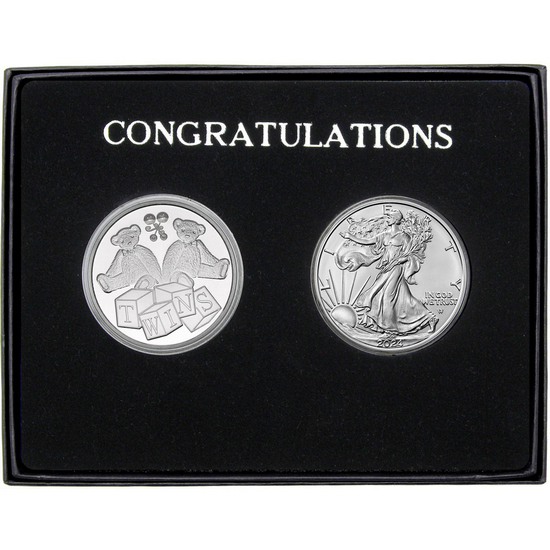 Congratulations Baby Twins Silver Medallion and Silver American Eagle 2pc Gift Set