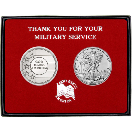 Military Service God Bless America Silver Medallion and Silver American Eagle 2pc Gift Set