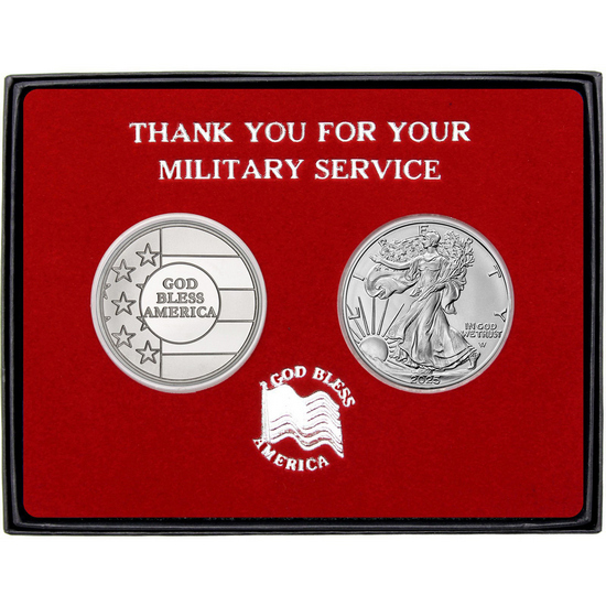 Military Service God Bless America Silver Medallion and Silver American Eagle 2pc Gift Set