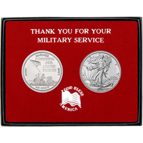 Thank You Honoring Our Armed Forces Silver Medallion and Silver American Eagle 2pc Gift Set