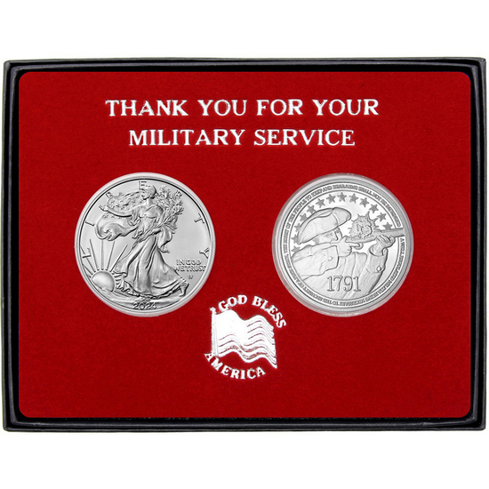 Military Service 2nd Amendment Silver Medallion and Silver American Eagle 2pc Gift Set