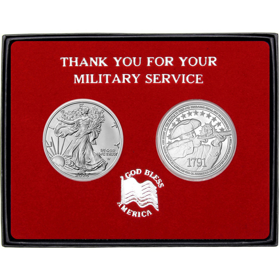 Military Service 2nd Amendment Silver Medallion and Silver American Eagle 2pc Gift Set