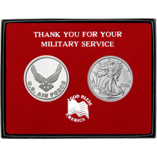 Military Service US Air Force Silver Round and Silver American Eagle 2pc Gift Set