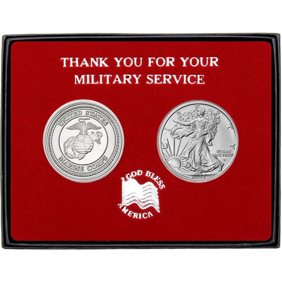 Military Service US Marines Round and Silver American Eagle 2pc Gift Set