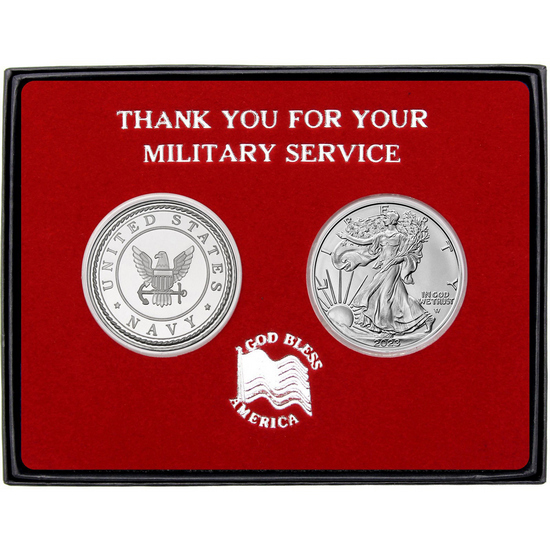 Military Service US Navy Round and Silver American Eagle 2pc Gift Set