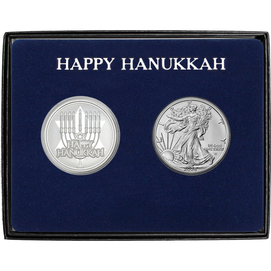Happy Hanukkah Silver Medallion and Silver American Eagle 2pc Box Gift Set