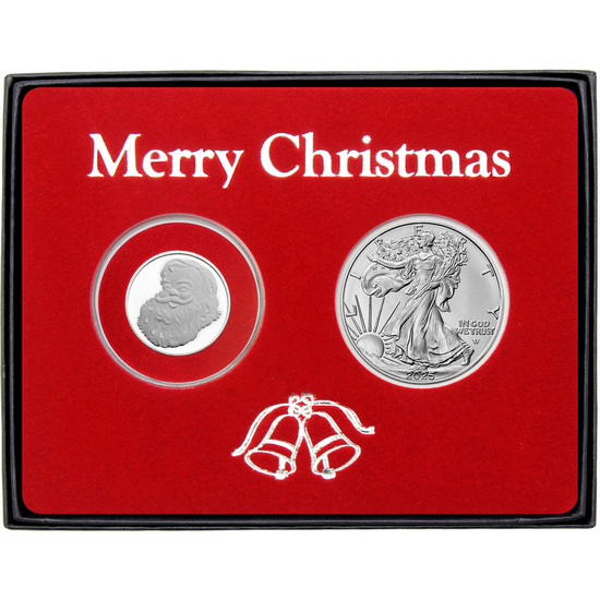 Merry Christmas Santa Believe Half Ounce Silver Medallion and Silver American Eagle 2pc Box Gift Set