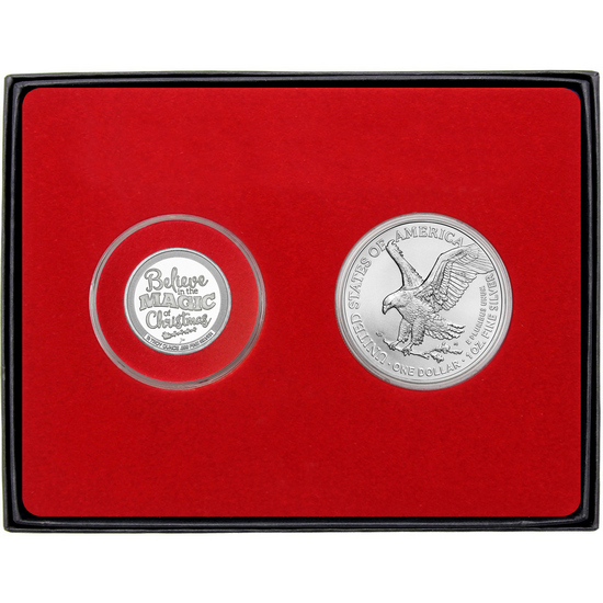 Merry Christmas Santa Believe Half Ounce Silver Medallion and Silver American Eagle 2pc Box Gift Set Merry Christmas Santa Believe Half Ounce Silver Medallion and Silver American Eagle 2pc Box Gift Set