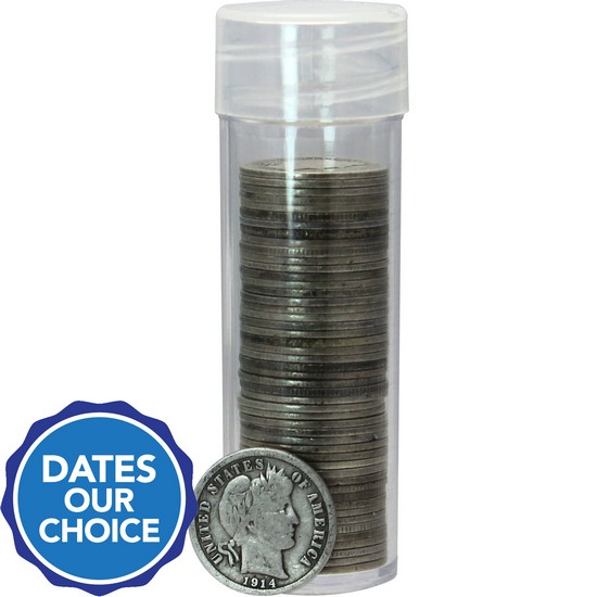 50pc Circulated Silver Barber Dime in Tube $5 FV Dates Our Choice