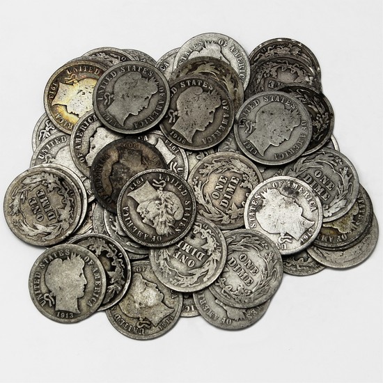 50pc Circulated Silver Barber Dime in Tube $5 FV Dates Our Choice 50pc Circulated Silver Barber Dime in Tube $5 FV Dates Our Choice