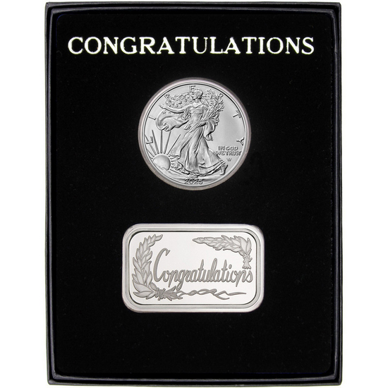 Congratulations Silver Bar and Silver American Eagle 2pc Gift Set