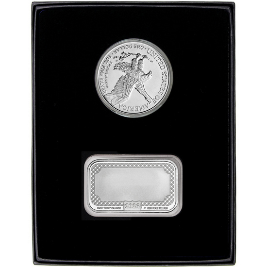 Happy Valentine's Day Roses Silver Bar and Silver American Eagle 2pc Gift Set