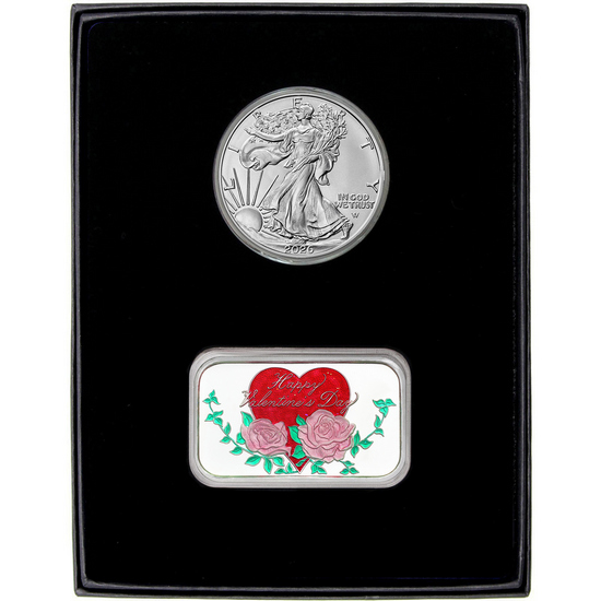 Happy Valentine's Day Roses Enameled Silver Bar and Silver American Eagle 2pc Gift Set