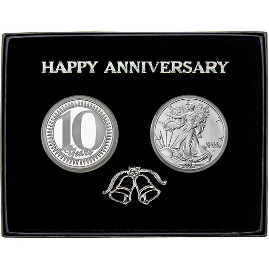 Happy 10 Year Anniversary Silver Medallion and Silver American Eagle 2pc Gift Set