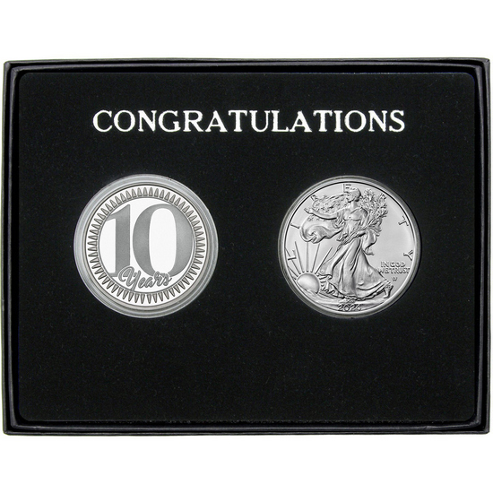 Congratulations 10 Years Silver Medallion and Silver American Eagle 2pc Gift Set