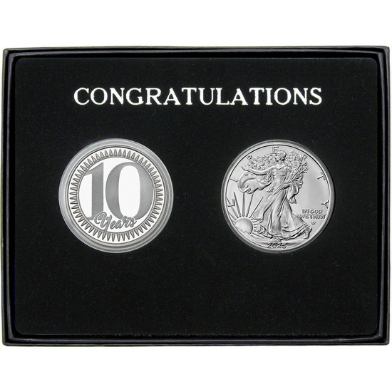 Congratulations 10 Years Silver Medallion and Silver American Eagle 2pc Box Set