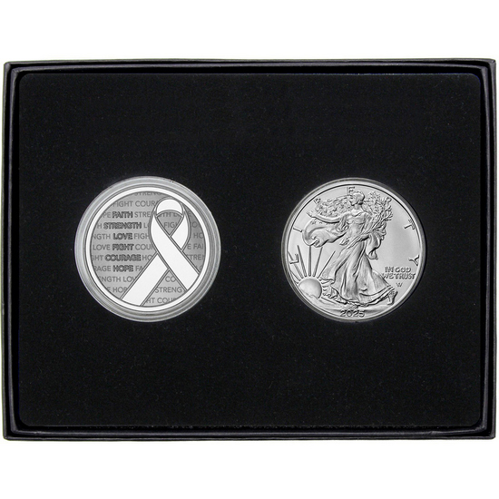 Cancer Awareness Ribbon Silver Medallion and Silver American Eagle 2pc Gift Set