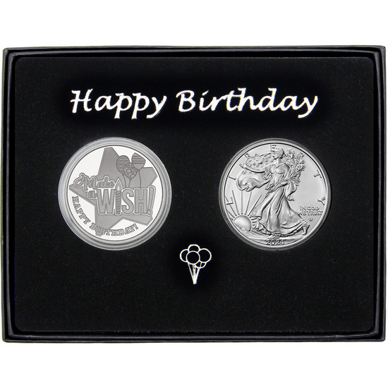 Make a Wish! Happy Birthday Silver Medallion and Silver American Eagle 2pc Gift Set