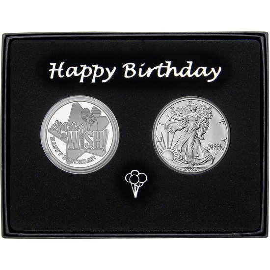 Make a Wish! Happy Birthday Silver Medallion and Silver American Eagle 2pc Gift Set