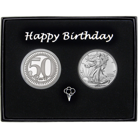 50 Years! Happy Birthday Silver Medallion and Silver American Eagle 2pc Gift Set