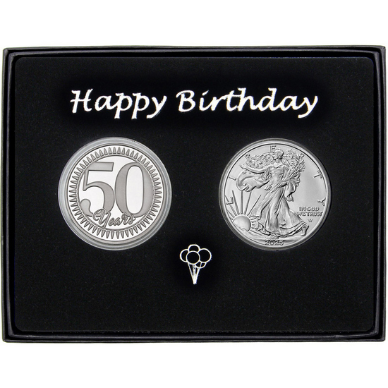 50 Years! Happy Birthday Silver Medallion and Silver American Eagle 2pc Gift Set