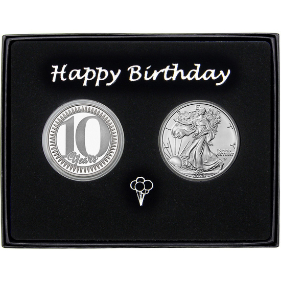 10 Years! Happy Birthday Silver Medallion and Silver American Eagle 2pc Gift Set