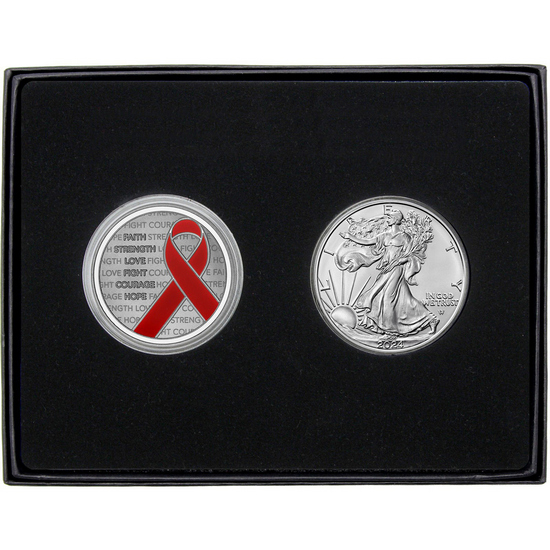 Red Awareness Ribbon Silver Medallion Enameled and Silver American Eagle 2pc Gift Set