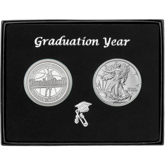 Graduation 2024 Basketball Athlete Silver Medallion and Silver American Eagle 2pc Gift Set