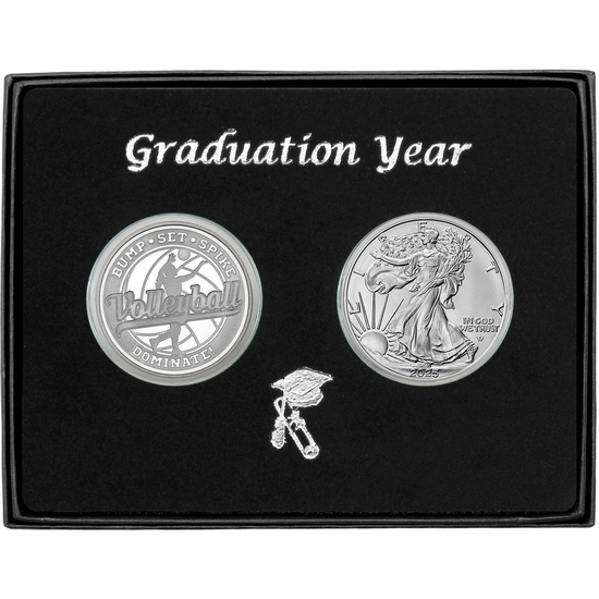 Graduation 2024 Volleyball Athlete Silver Medallion and Silver American Eagle 2pc Gift Set