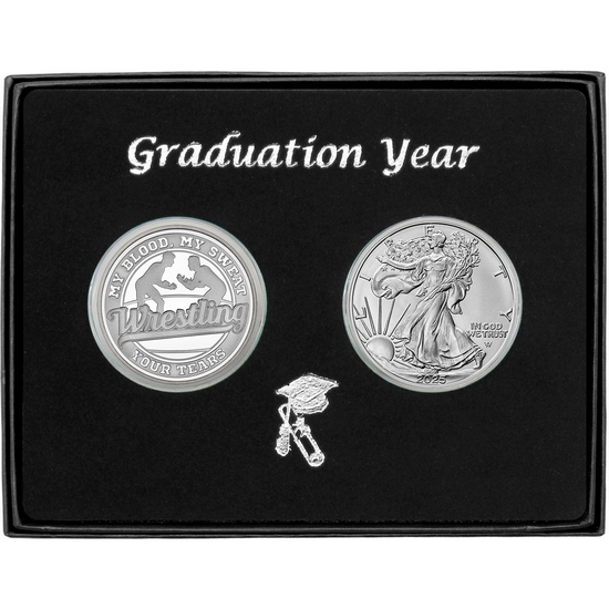 Graduation 2024 Wrestling Athlete Silver Medallion and Silver American Eagle 2pc Gift Set