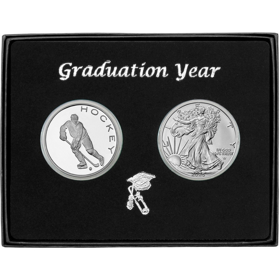 Graduation 2024 Hockey Athlete Silver Round and Silver American Eagle 2pc Gift Set