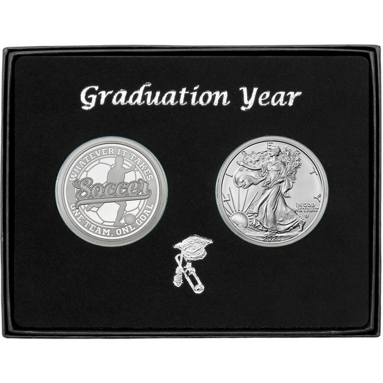 Graduation 2024 Soccer Athlete Silver Medallion and Silver American Eagle 2pc Gift Set