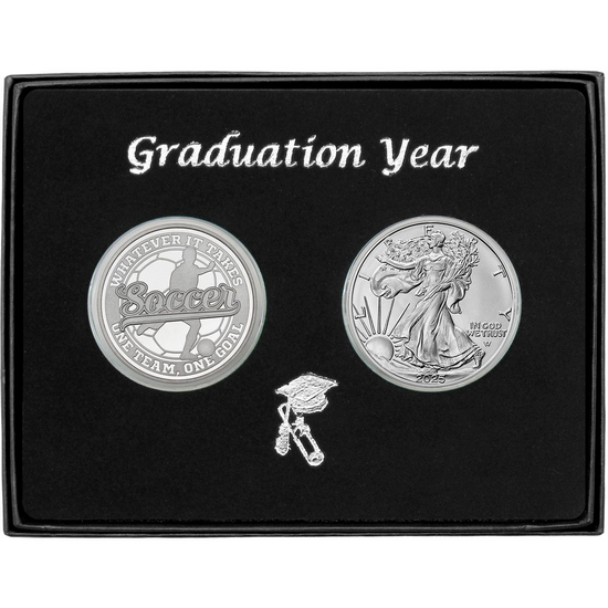 Graduation 2024 Soccer Athlete Silver Medallion and Silver American Eagle 2pc Gift Set