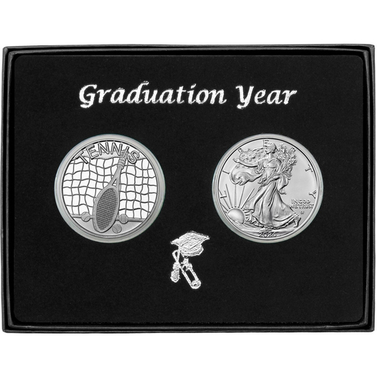 Graduation 2024 Tennis Athlete Silver Round and Silver American Eagle 2pc Gift Set