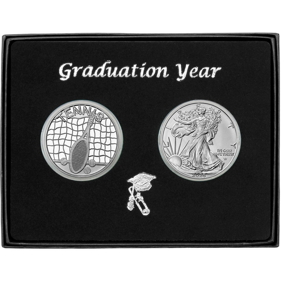 Graduation 2024 Tennis Athlete Silver Round and Silver American Eagle 2pc Gift Set