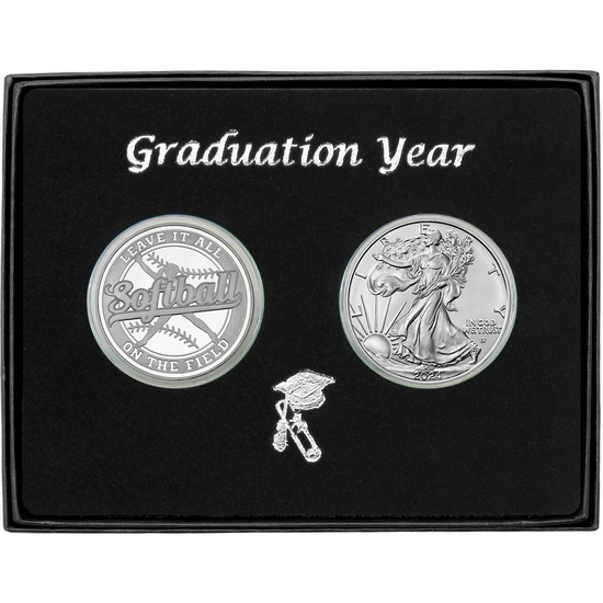 Graduation 2024 Softball Athlete Silver Medallion and Silver American Eagle 2pc Gift Set