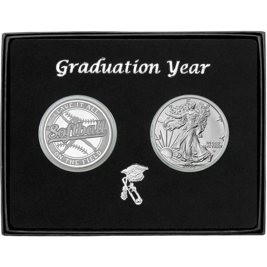 Graduation 2024 Softball Athlete Silver Medallion and Silver American Eagle 2pc Gift Set