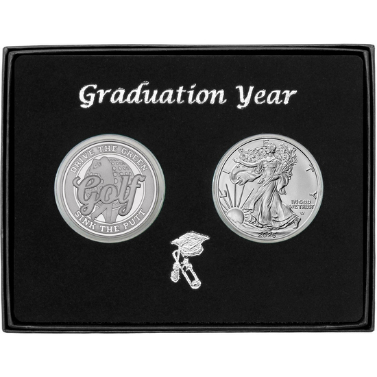 Graduation 2024 Golf Athlete Silver Medallion and Silver American Eagle 2pc Gift Set