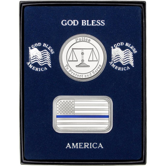 Enameled Blue Line American Flag Silver Bar and Police Silver Medallion 2pc Gift Set