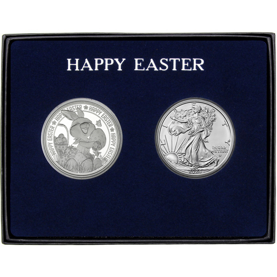 Happy Easter Joyful Bunny Silver Round and Silver American Eagle 2pc Gift Set