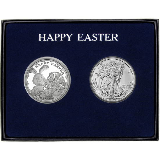 Happy Easter Joyful Bunny Silver Round and Silver American Eagle 2pc Gift Set