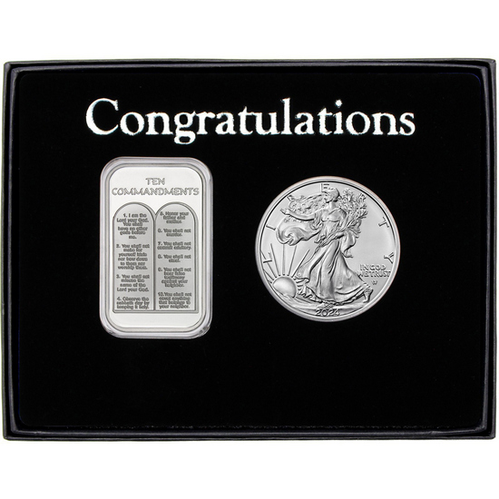 Ten Commandments Silver Bar and Silver American Eagle 2pc Gift Set