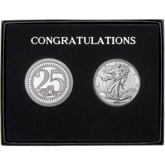 Congratulations 25 Years Silver Medallion and Silver American Eagle 2pc Gift Set
