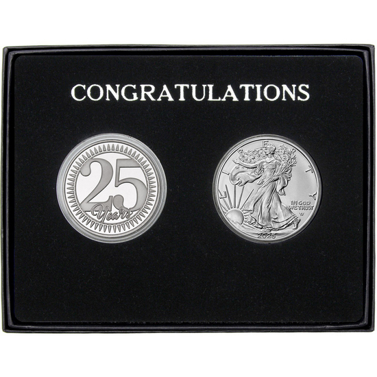 Congratulations 25 Years Silver Medallion and Silver American Eagle 2pc Gift Set