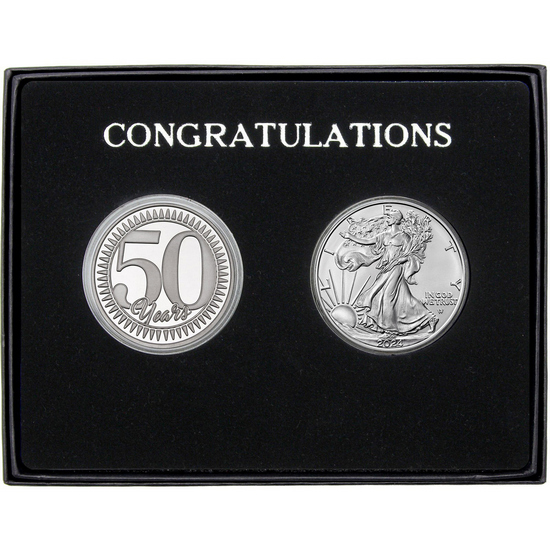 Congratulations 50 Years Silver Medallion and Silver American Eagle 2pc Gift Set