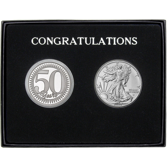 Congratulations 50 Years Silver Medallion and Silver American Eagle 2pc Gift Set