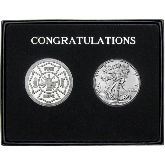 Congratulations Fire Department Silver Round and Silver American Eagle 2pc Gift Set