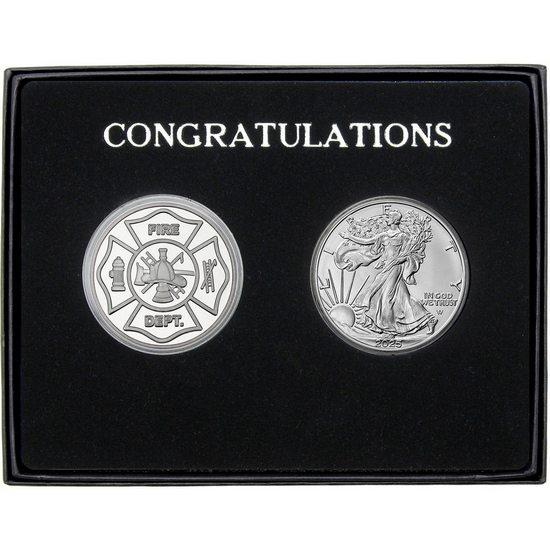 Congratulations Fire Department Silver Medallion and Silver American Eagle 2pc Gift Set