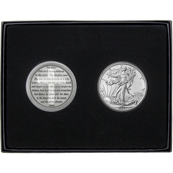 Lord's Prayer Silver Medallion and Silver American Eagle 2pc Gift Set